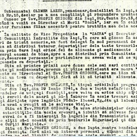Fragment of Climer Lazer`s testimony, the former vice-president of the ”Sacra” Israeli community in Iași,  about the support offered by engineer Profir Grigore to the Jews during the Iași Pogrom.