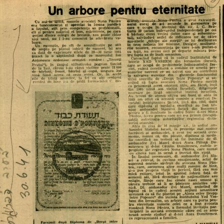 Jack Mathes' testimony about how he was saved by the lawyer Nona Pântea, published in the daily OPINIA, no. 66 of March 22, 1990.